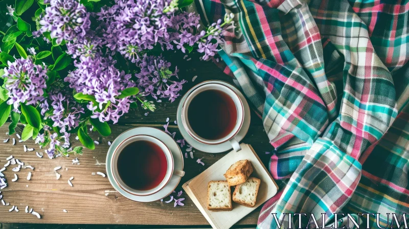 Enchanting Still Life: Wooden Table with Tea, Cookies, Lilac Flowers, and Book AI Image