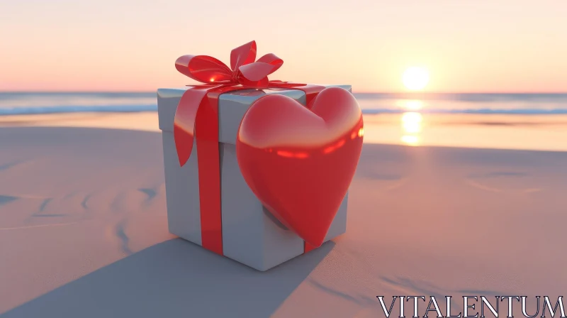 Gift Box 3D Rendering on Sunset Beach AI Image