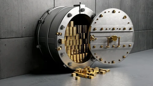 Golden opulence unleashed: 3D rendering of a bank vault door with stacks of gold coins and bars
