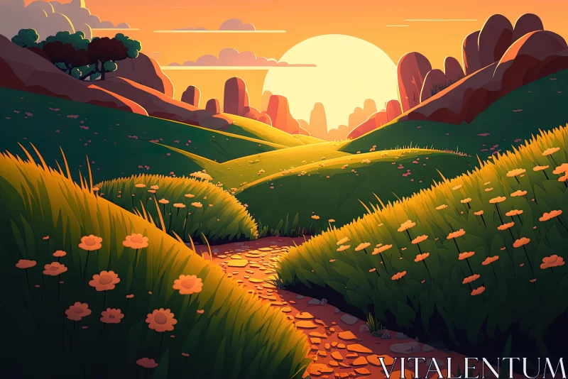 Golden Path of Flowers: A Vibrant Landscape Illustration AI Image