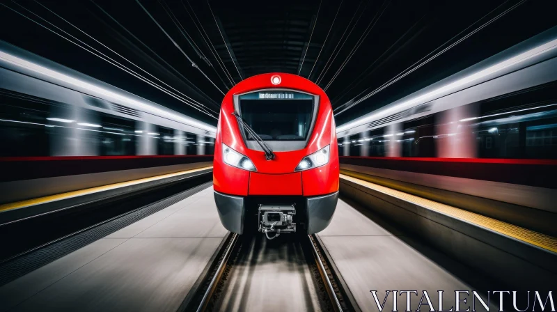 High-Speed Red and White Train Approaching Station AI Image