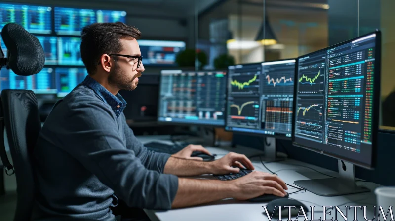 Intense Focus: Young Male Stock Trader in Dark Office AI Image