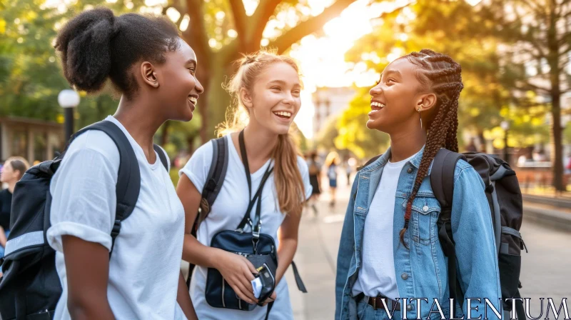 Joyful Moments: Three Young Women Walking Down a Vibrant Street AI Image