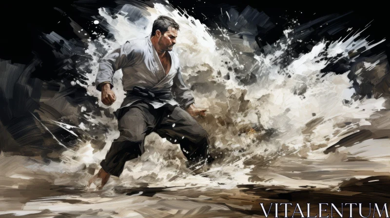 AI ART Karate Practitioner in Action with Wave Background