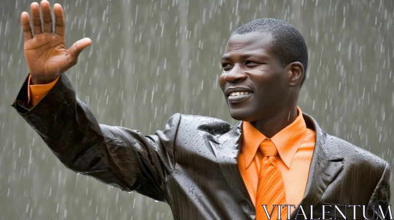 Rainy Day Euphoria: A Young Man Embracing Joy in the Downpour AI Image