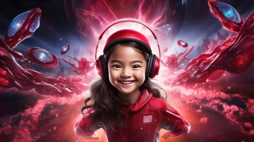 Red Spacesuit Girl with Headphones in Abstract Background