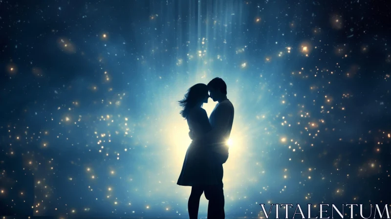 Romantic Couple Embracing Under Starry Night Sky AI Image