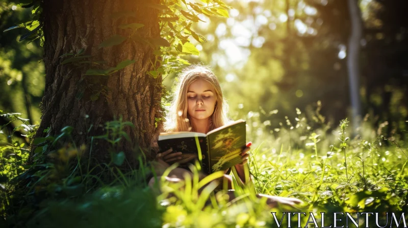 Serene Moment: Woman Reading a Book in the Park AI Image