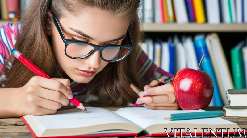 Young Woman Studying in a Library - Captivating Image AI Image