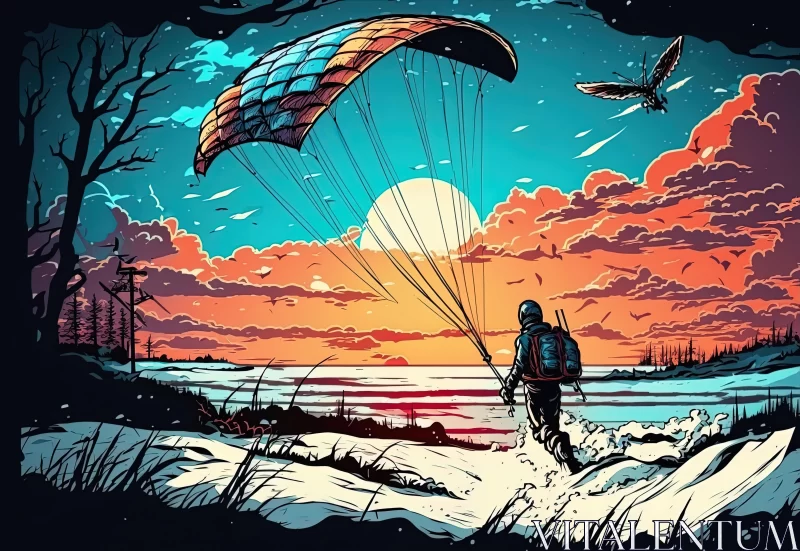 A Captivating Parachute Adventure: Colorful Cartoon with Snow Scenes and Rural Landscapes AI Image