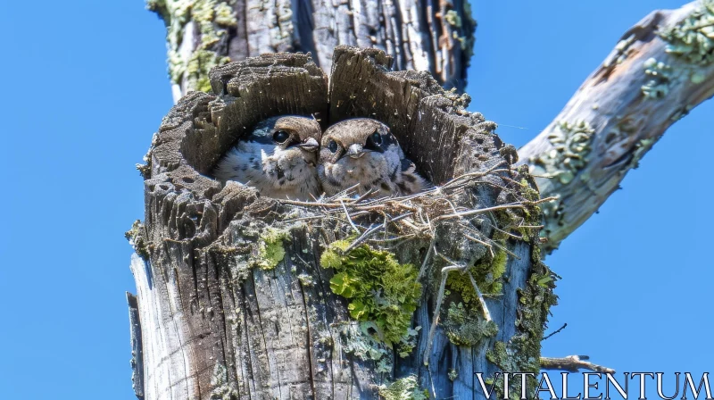 Charming Baby Birds in Nest on Tree Trunk AI Image