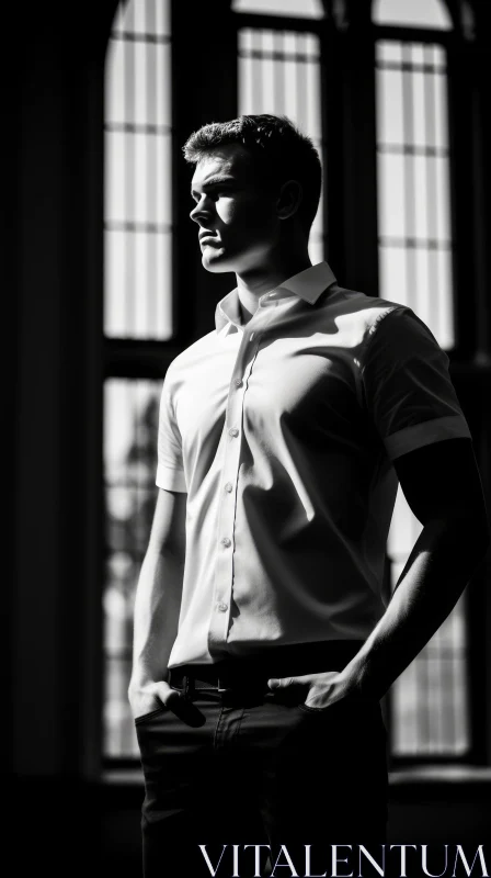 Confident Young Man Black and White Portrait AI Image
