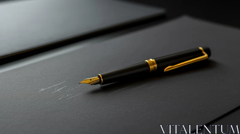 Elegant Black and Gold Fountain Pen on Reflective Black Paper AI Image