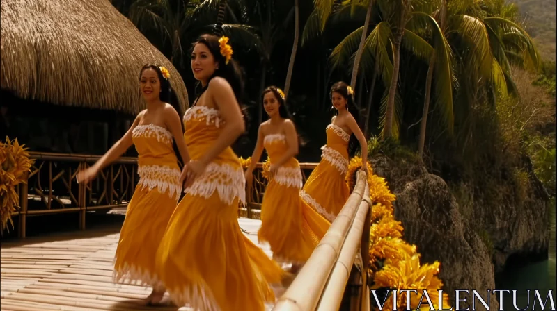 Joyful Dancing: Four Beautiful Women in Yellow Dresses AI Image