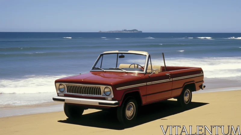 Red Car Parked on Ocean Front | Iconic American Style AI Image