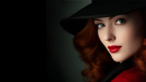 Red-Haired Woman Portrait in Black Hat