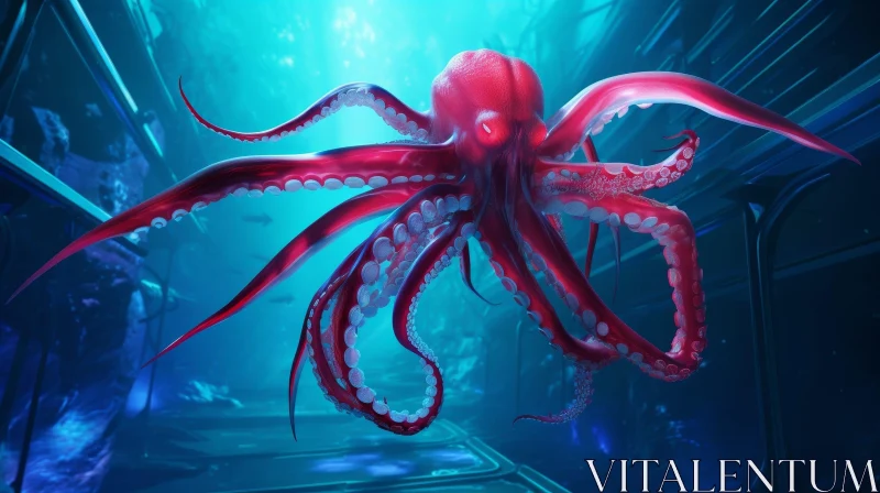 AI ART Red Octopus 3D Rendering in Serene Blue Background