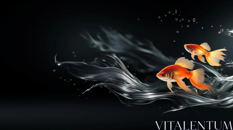 Surreal Digital Painting of Goldfish in Dark Background AI Image