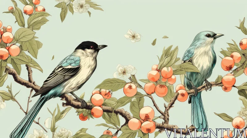 AI ART Tranquil Birds on Tree Branch Painting