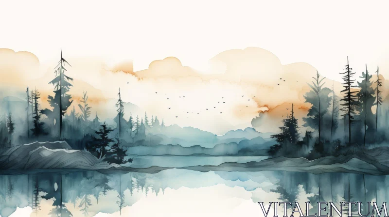 AI ART Tranquil Mountain Lake Watercolor Painting