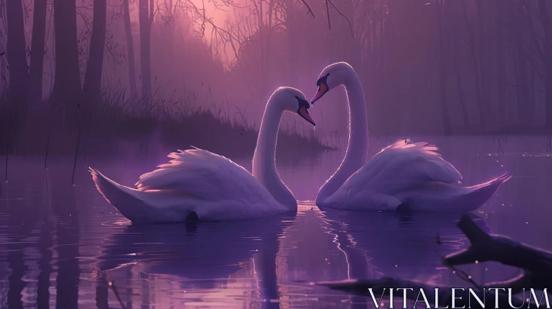 AI ART Tranquil Swans in Purple Pond Painting