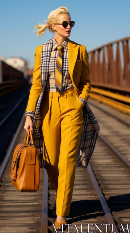 Blonde Woman in Yellow Suit Walking on Railroad Track AI Image