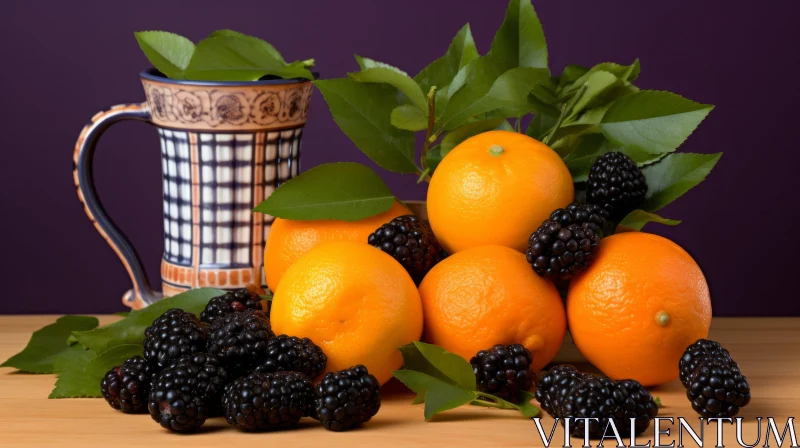 AI ART Ceramic Cup, Oranges, and Blackberries Still Life