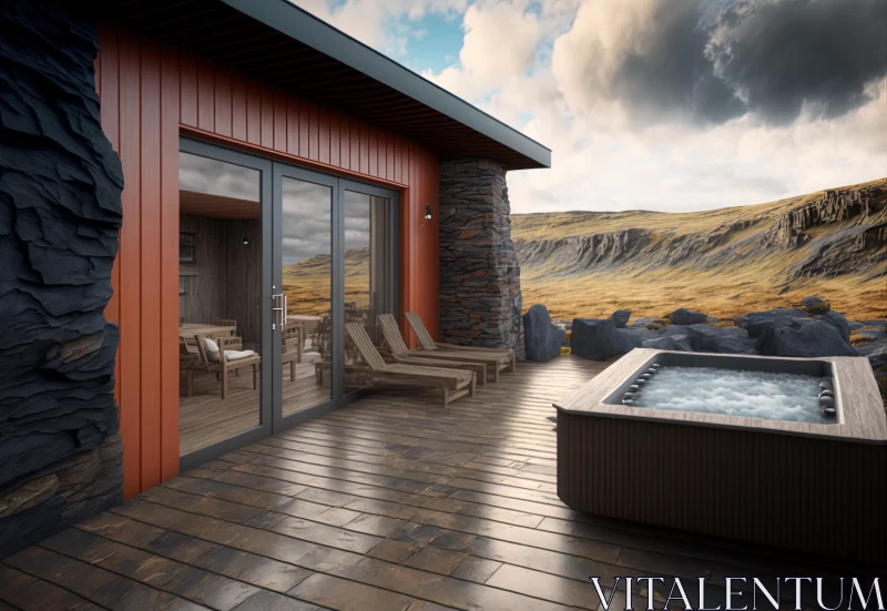 Cozy Wooden Cabin with Mountain Views and Hot Tub | Vray Tracing AI Image