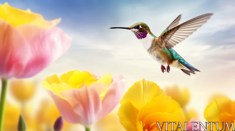 Hummingbird in Field of Flowers AI Image