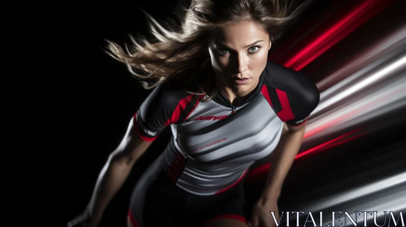 Intense Female Cyclist in Black and White Jersey AI Image
