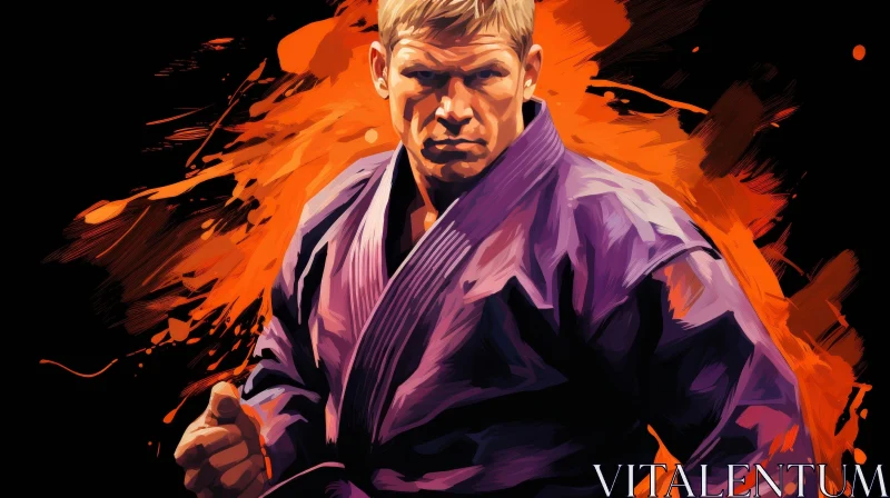 Intense Martial Arts Fighter in Purple Gi AI Image