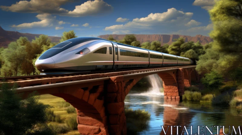 Speeding Train on Stone Bridge in Nature AI Image