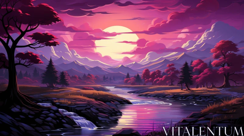 Tranquil Purple and Pink Landscape Painting AI Image