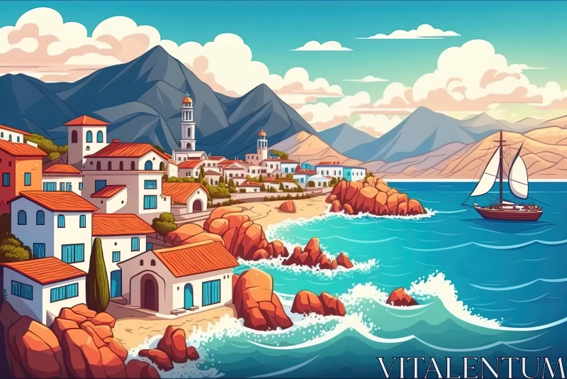 AI ART Vibrant Coastal Landscape with Waves and Houses | Mediterranean Style