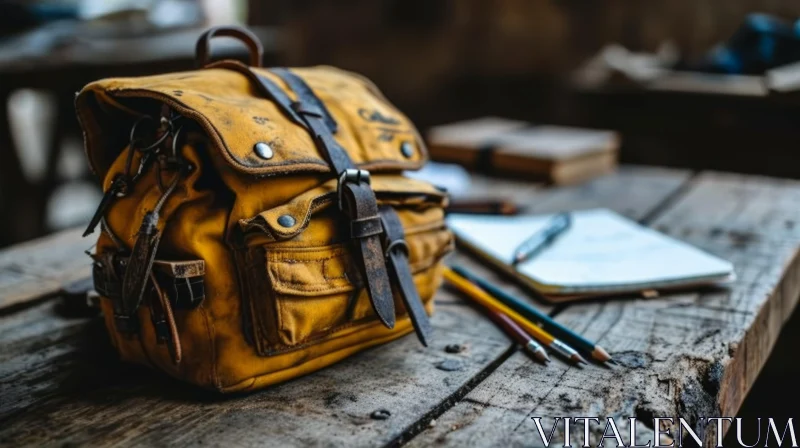 Vintage Yellow Canvas Backpack on Wooden Table | Artistic Close-up AI Image