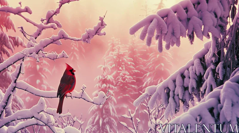 Winter Cardinal Perched on Snow-Covered Branch AI Image