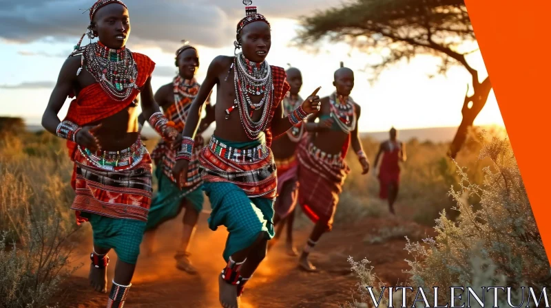 AI ART African Men and Women in Traditional Clothing Running Through a Field at Sunset