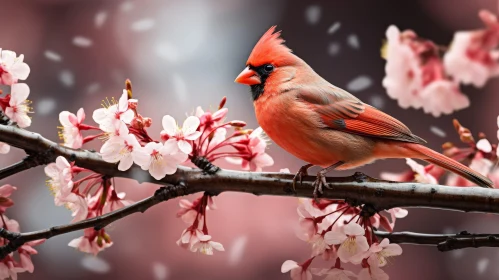 Beautiful Cardinal Bird on Cherry Blossom Tree