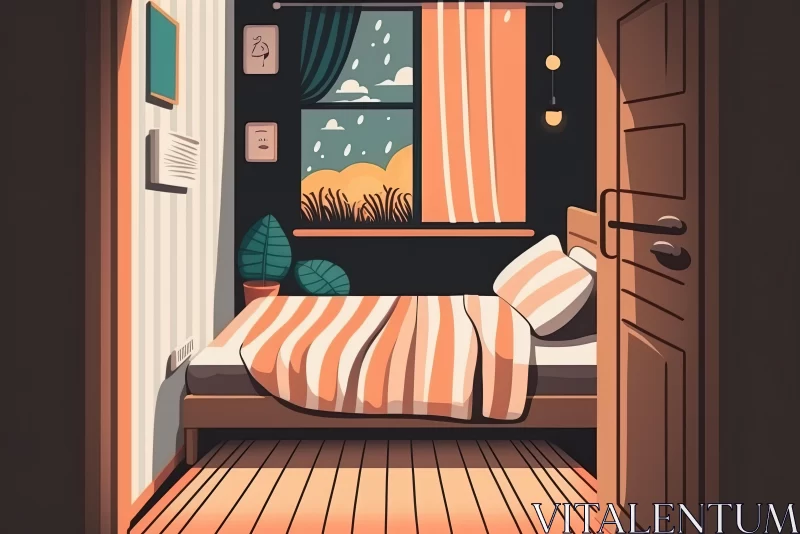 Cartoon Illustration of Bedroom with Windows and Rain | Warm Color Palette AI Image