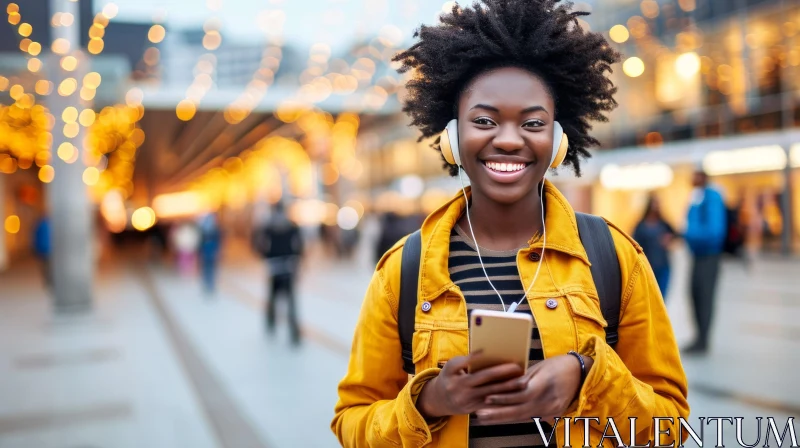 Cheerful African American Woman with Afro Hairstyle in Yellow Jacket AI Image