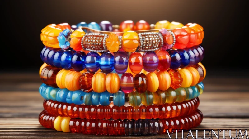 Colorful Beaded Bracelets on Wood Table AI Image