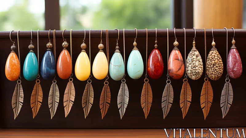 AI ART Exquisite Handmade Gemstone Teardrop Earrings Displayed on Wooden Background