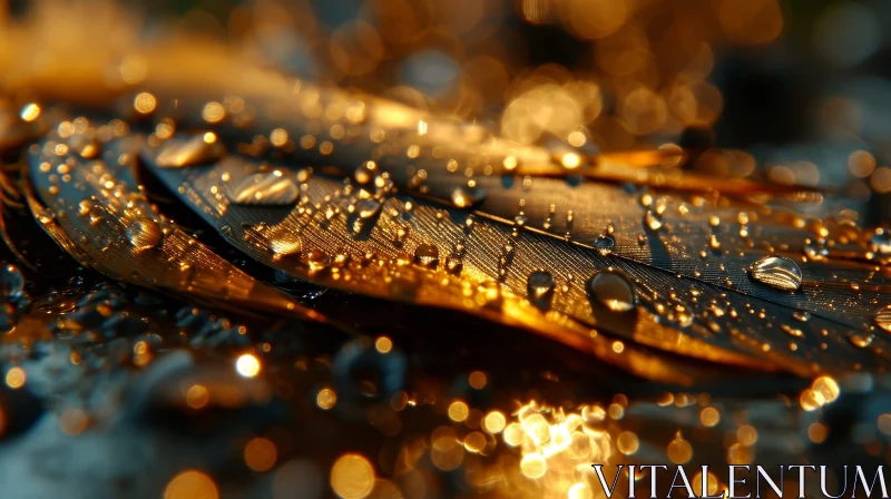 Golden Feather with Water Drops - Close-up Nature Photography AI Image