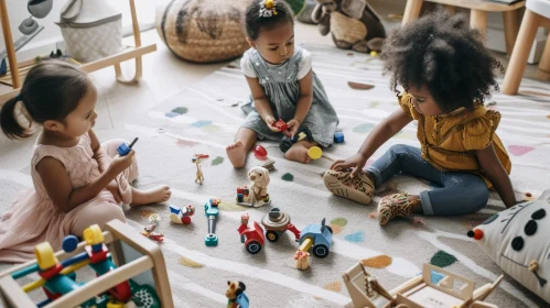 Joyful Multiracial Girls Playing with Wooden Toys in a Bright Playroom