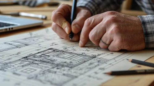 Masterful Artistry: Hands Sketching a House Blueprint