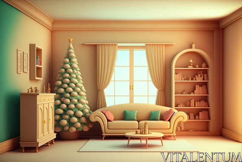 Meticulously Designed Living Room with Christmas Tree in Colored Cartoon Style AI Image