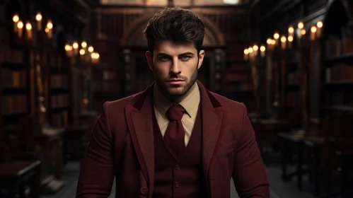 Serious Young Man in Red Suit Standing in Dark Room with Candles