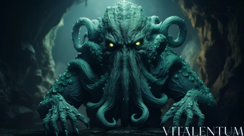 Sinister Octopus Creature in Underwater Fantasy Scene AI Image