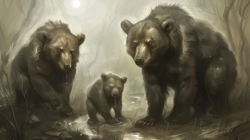 Three Bears in Forest Painting