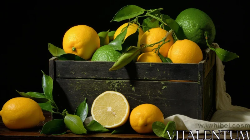 Wooden Box Still Life with Lemons and Limes AI Image